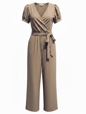 Monteau Los Angeles Tan Short Sleeve Faux Wrap Jumpsuit Small